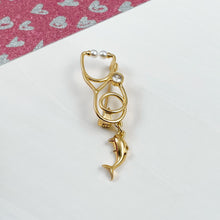 Load image into Gallery viewer, Gold Dainty Dolphin Stethoscope Pin
