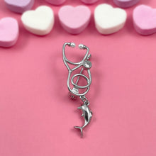 Load image into Gallery viewer, Silver Dainty Dolphin Stethoscope Pin