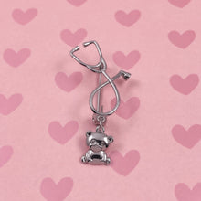 Load image into Gallery viewer, Silver Dainty Teddy Bear Stethoscope Pin