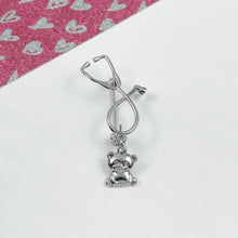 Load image into Gallery viewer, Silver Dainty Teddy Bear Stethoscope Pin