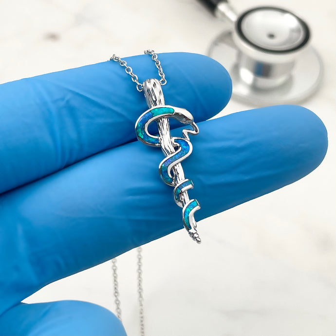 Opal Rod of Asclepius Necklace