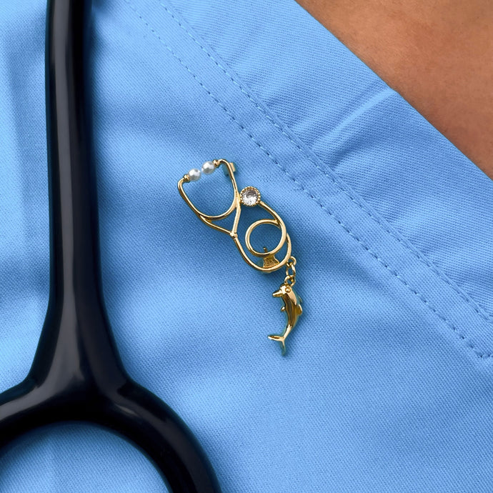 Gold Dainty Dolphin Stethoscope Pin
