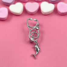 Load image into Gallery viewer, Silver Dainty Dolphin Stethoscope Pin
