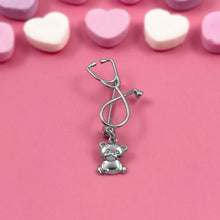 Load image into Gallery viewer, Silver Dainty Teddy Bear Stethoscope Pin
