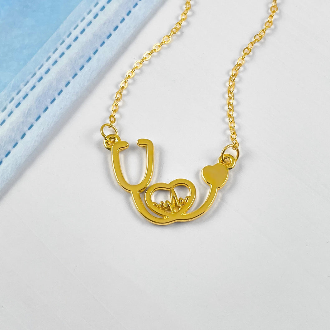 Gold Stethoscope Heartbeat Necklace