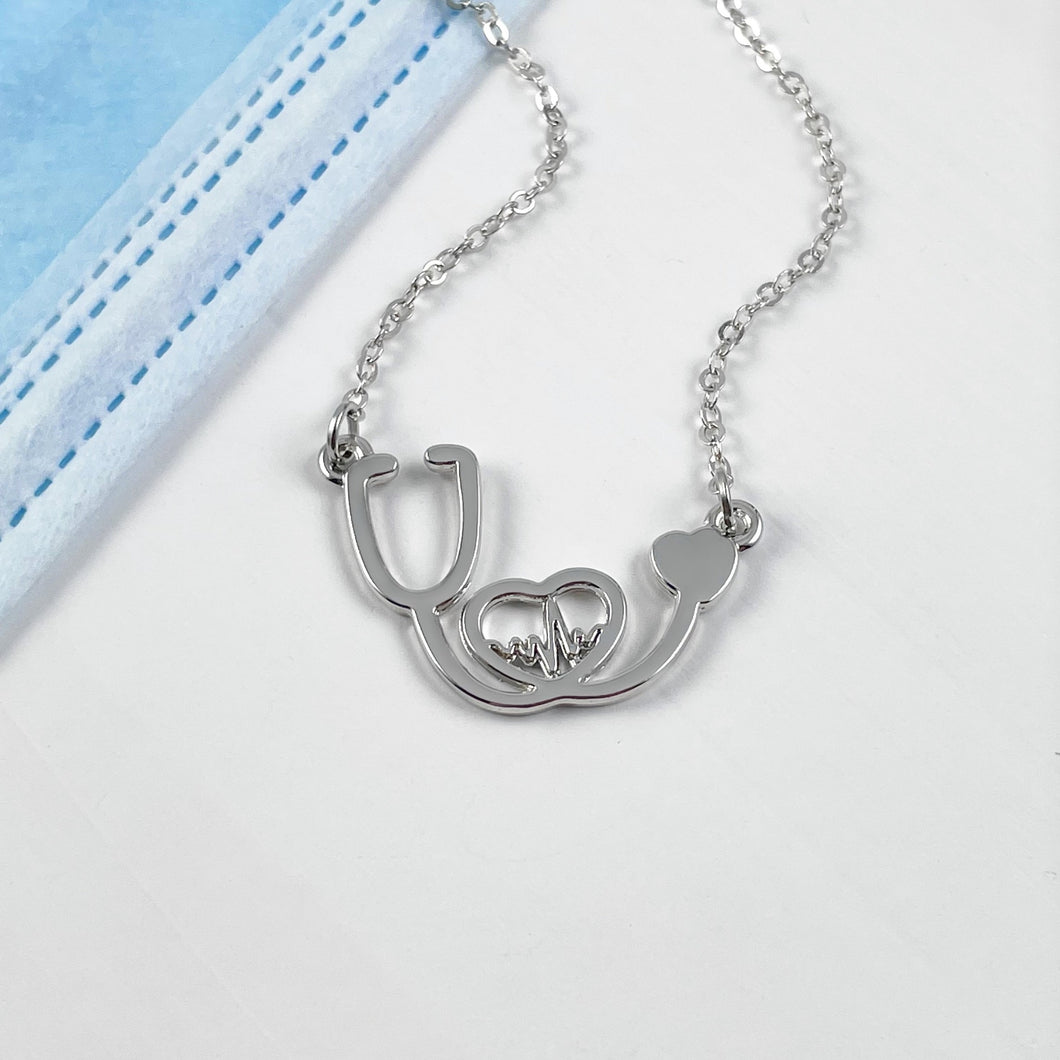 Silver Stethoscope Heartbeat Necklace